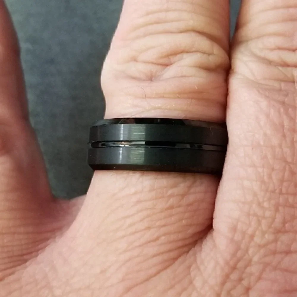 Personalized Engraved Men's Black Tungsten Wedding Ring Black Line Center Groove